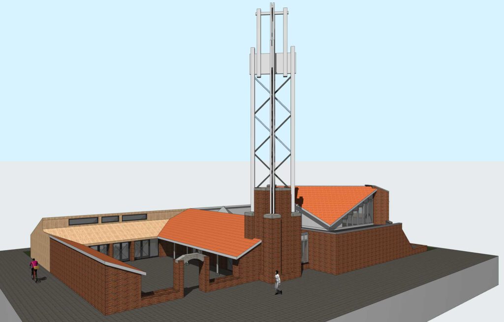 Ontwerp religieus centrum met nieuwe duurzame aanbouw