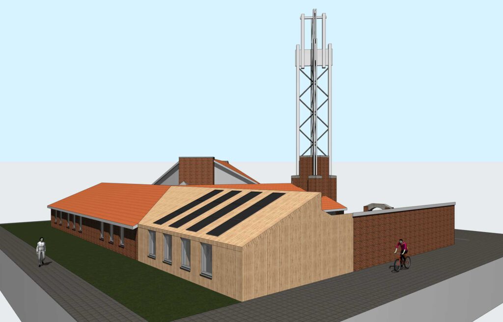 Ontwerp religieus centrum met nieuwe duurzame aanbouw zijaanzicht