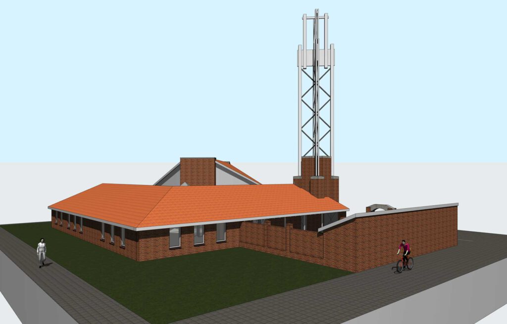 Ontwerp religieus centrum zonder duurzame aanbouw zijaanzicht